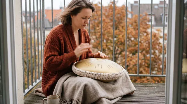 Frau spielt die Sonodrum Handpan Hybrid in Gold auf einem Balkon im Herbst